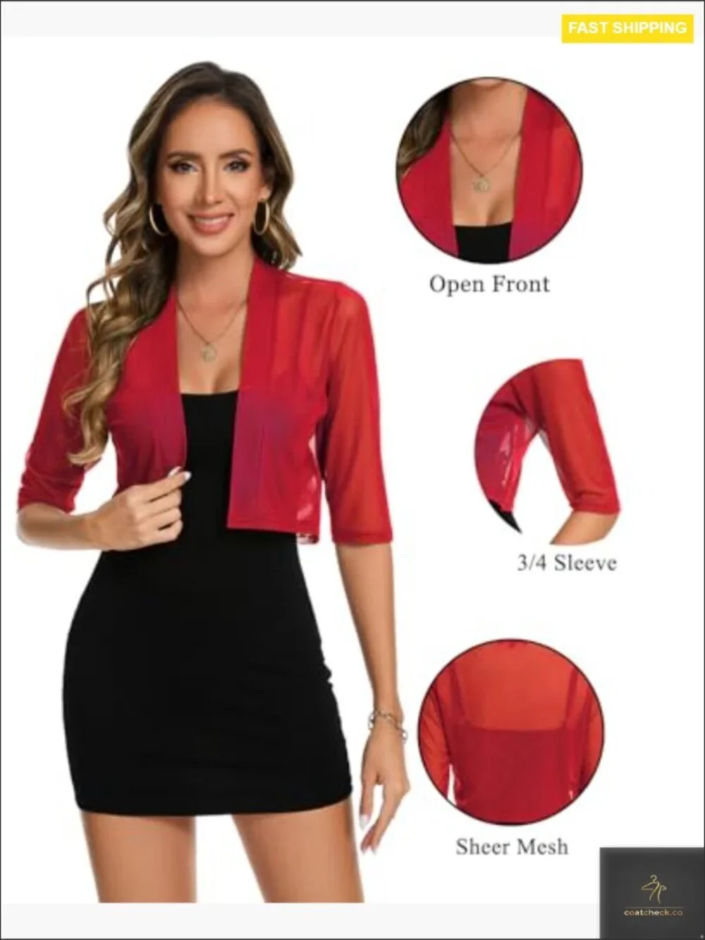 Elegant 3/4 Sleeve Sheer Shrug Bolero Open Front Mesh Cropped Cardigan for